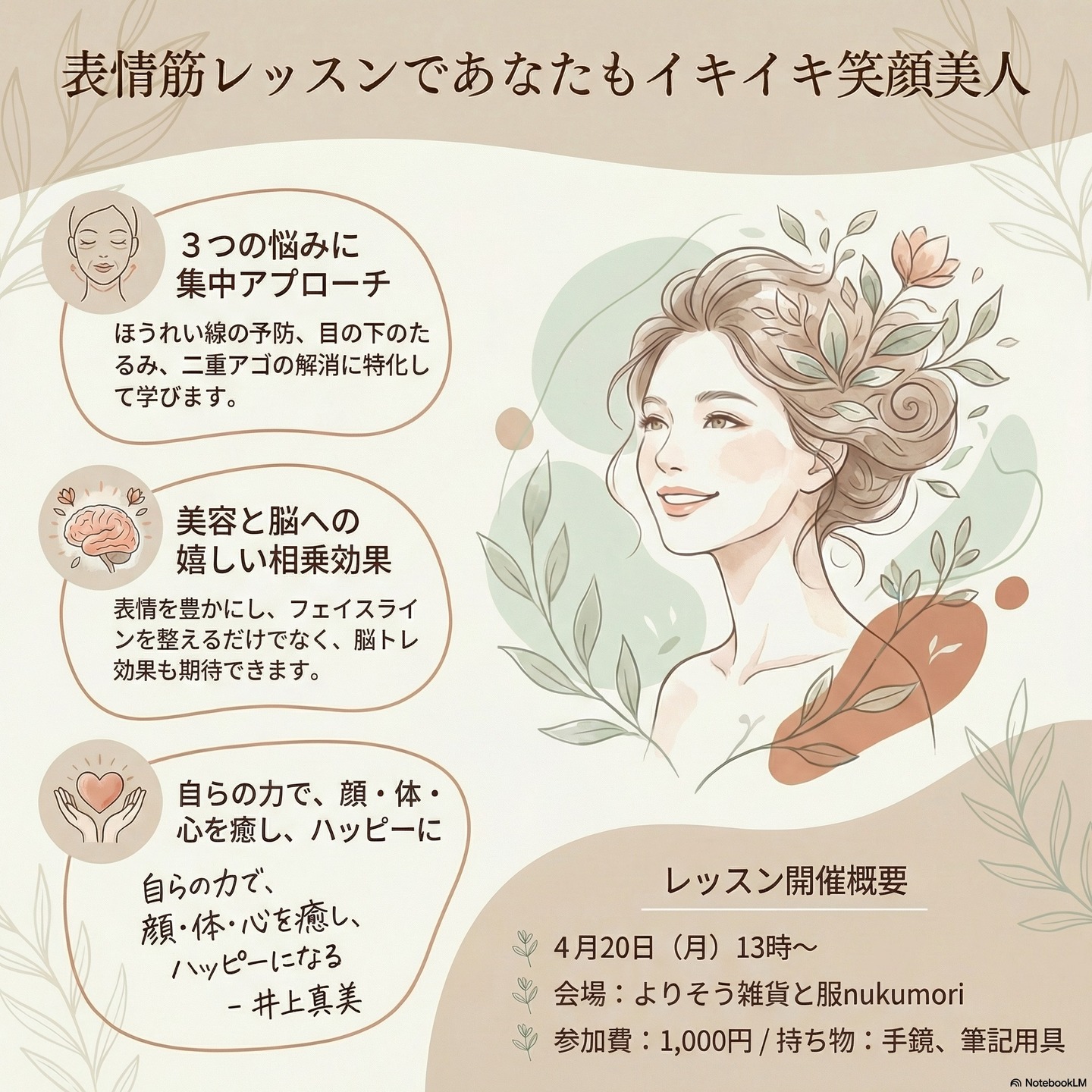 【表情筋レッスンのお知らせ】

表情筋レッスンで
あなたもイキイキ笑顔美人へ。

表情筋トレーニングを知っていますか？

お顔の筋肉をやさしく整えながら、
自然で明るい表情へと導くレッスンです。

今回は、3つの顔筋トレーニングをレクチャーします。

・ほうれい線の予防・改善
・目の下のたるみケア
・フェイスラインをすっきり（二重アゴ対策）

表情が豊かになったり、
フェイスラインがシャープになったり、
シワやたるみに働きかけたり。

さらに、脳トレにもつながるなど、
楽しみながら取り組める内容です。

貴女も、イキイキとした表情美人を目指してみませんか。

■日時
2026年4月20日（月）13時〜

■場所
よりそう雑貨と服 nukumori

■持ち物
手鏡、筆記用具

■参加費
1,000円

【講師】
（株式会社ラヴリエ）代表　井上真美

1965年3月生まれ。
自身の闘病生活をきっかけに健康と美容の研究を開始。
36歳で会社員から美容研究家へ転身。

10代から90代まで幅広い世代に向けて、
美容・健康に関する指導を行い、
医大・看護協会・企業・百貨店・ホテルなどで
研修・講演活動をされています。

テーマは
「笑顔と社会」「美顔と健康」「健康とアンチエイジング」など。

自社製品の美容健康機器「フルジェンテ」は
芸能界にも愛用者が多く、

「セルフケア」
「自らの力で顔・体・心を整える」

という考えのもと、
技術と商品開発を続けていらっしゃいます。

ご参加希望の方は
DMまたは店頭にてお気軽にお問い合わせください。

#表情筋トレーニング #大人の美容 #美容習慣
#福岡イベント #宇美町イベント #自分磨き
#nukumori_zakka #よりそう雑貨と服nukumori
#福岡雑貨屋 #福岡セレクトショップ

ーーーーーーーーーーーーーーーーーー

よりそう雑貨と服【nukumori】
@nukumori_zakka

11:00ー17:00（定休日：水・日・祝）
糟屋郡宇美町宇美4-4-1-103

永く使えるものを取り揃えています。